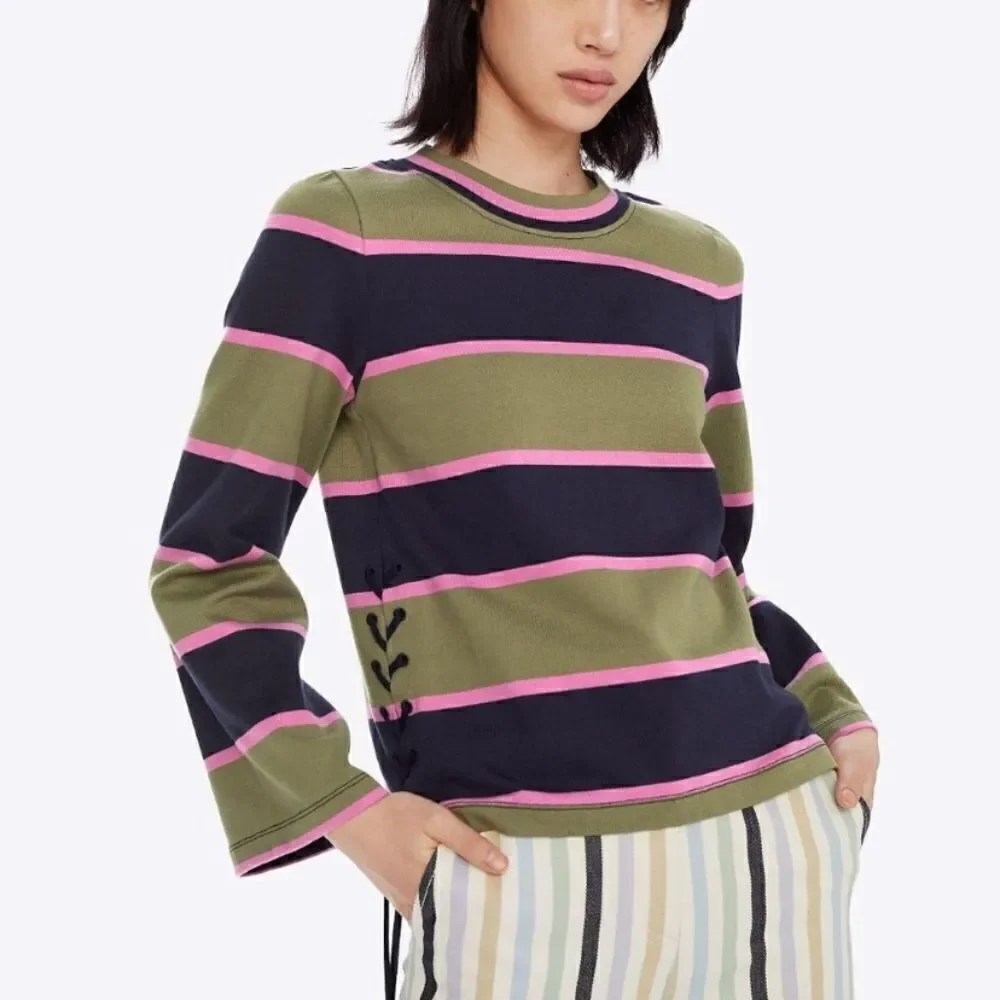 Tory Burch  Lace Up Striped Top  Color Navy